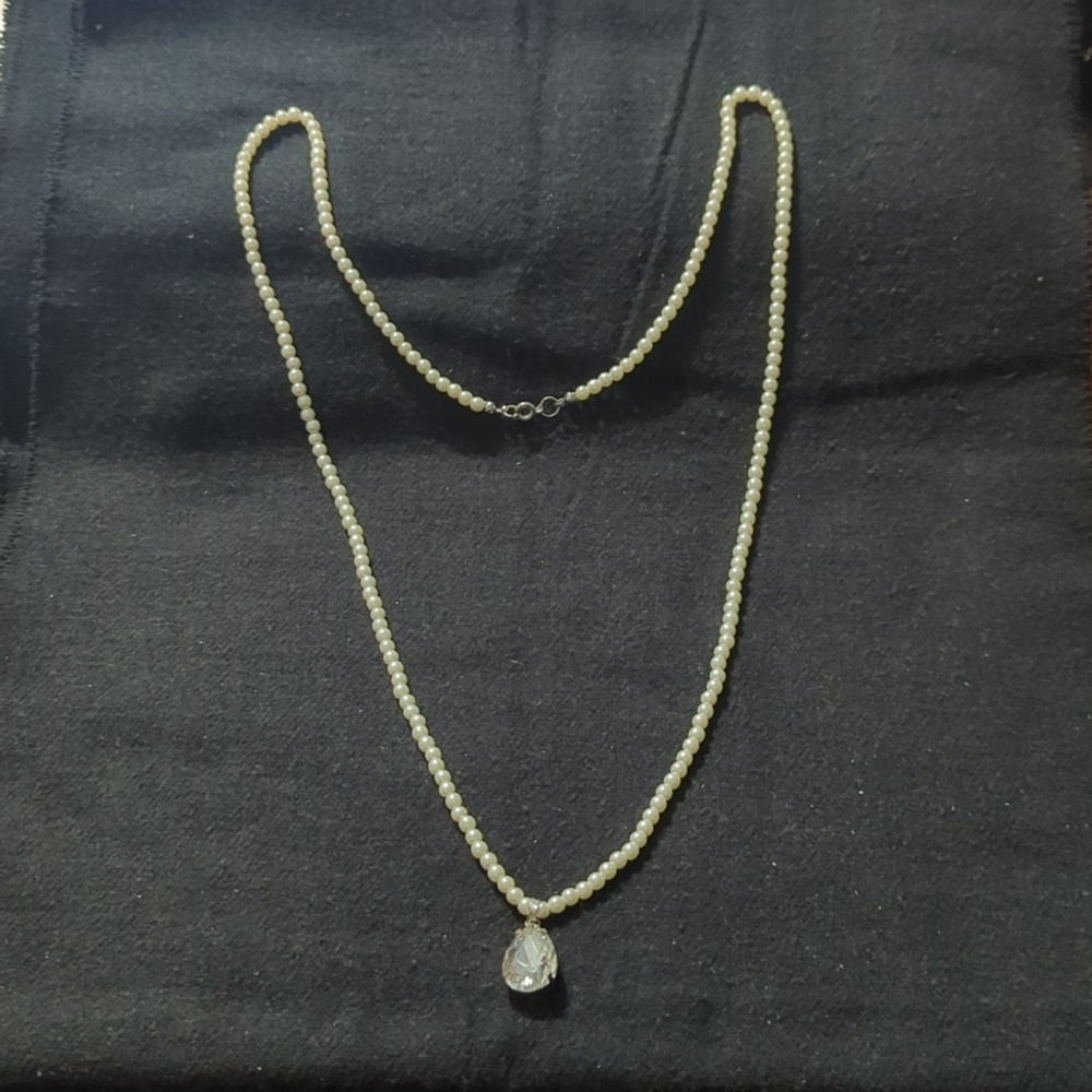 Silver Tone Clear Rhinestone White Faux Pearl Beaded Long Statement Necklace